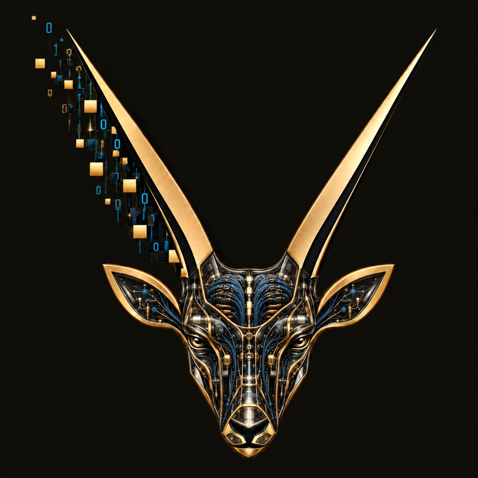 Goldener Oryx mit filigraner Elektronik im gesamten Kopf